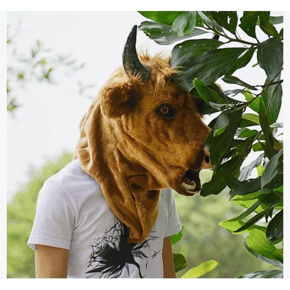 Highland Cow Bull Plush Mascot Head Mask Brown Faux Fur Costume Halloween Access